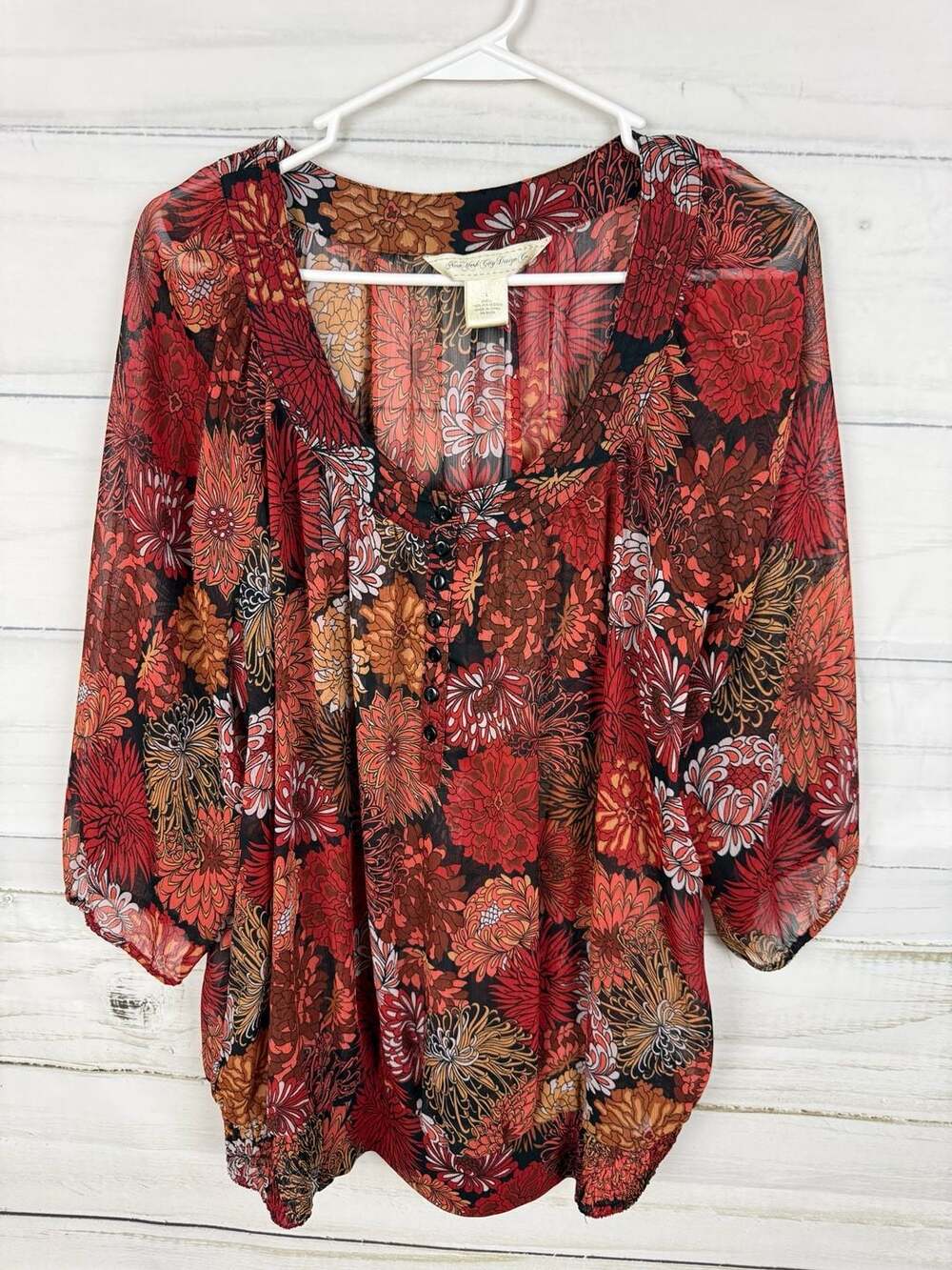 New York City Design Co. Floral Sheer Henley Blouse Size Large